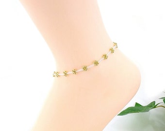 Gold Daisy Chain Anklet, Glass Seed Bead Ankle Bracelet, Dainty Beaded Custom Jewelry, Teen Gift, 2" Extender Chain, Sizes 7" 8" 9" 10" 11"