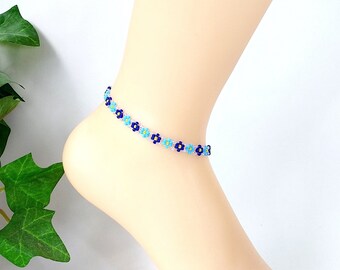 Blue Daisy Chain Anklet, Seed Bead Ankle Bracelet, Custom Anklet, 2" Extender Chain, Sizes 7" 8" 9" 10" 11", Sterling Available