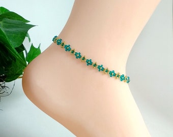 Teal Daisy Chain Anklet, Beaded Flower Anklet, Seed Bead Ankle Bracelet, Sizes 7" 8" 9" 10" 11" with 2" Extender Chain