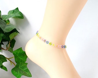 Pastel Daisy Chain Anklet, Seed Bead Ankle Bracelet, Custom Jewelry Gift, 2" Extender Chain, Sizes 7" 8" 9" 10" 11", Sterling Avail