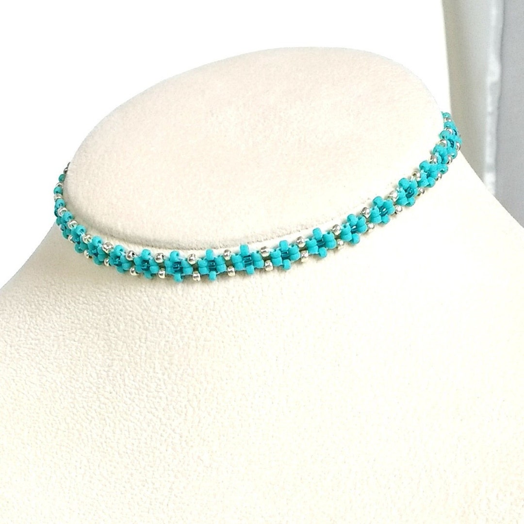 Teal Daisy Choker Beaded Flower Choker Seed Bead Choker Etsy
