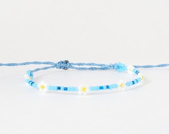 Blue Daisy Chain Bracelet, Flower Seed Bead Bracelet, Dainty Beaded Bracelet, Wax Cord Bracelet, Adjustable