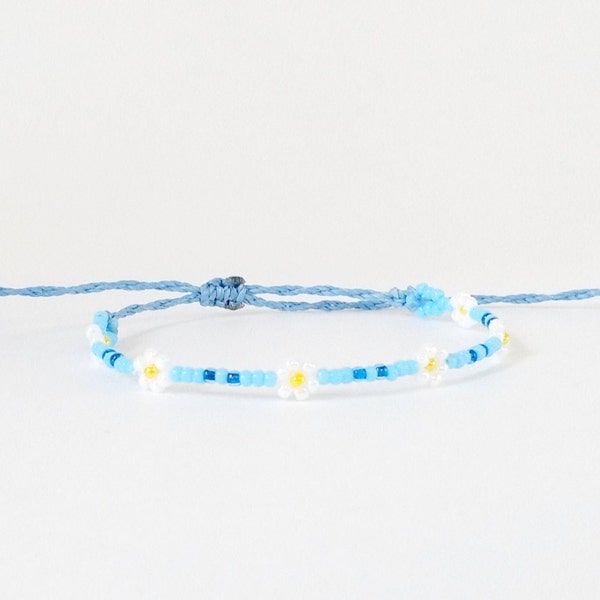 Blue Daisy Chain Bracelet, Flower Seed Bead Bracelet, Dainty Beaded Bracelet, Wax Cord Bracelet, Adjustable