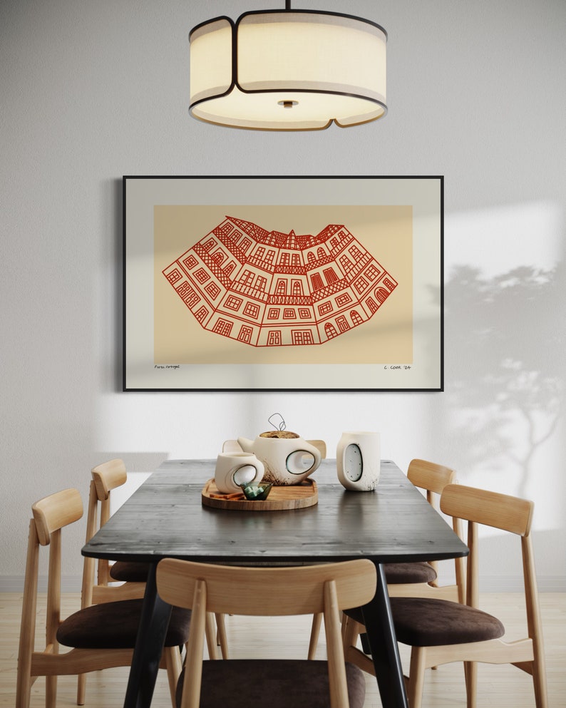 Minimalist digital drawing showcasing classic Portuguese buildings. Clean lines and simple shapes evoke the charm of traditional architecture in Portugal. Immerse yourself in Porto's dreamscape of culture and architecture.