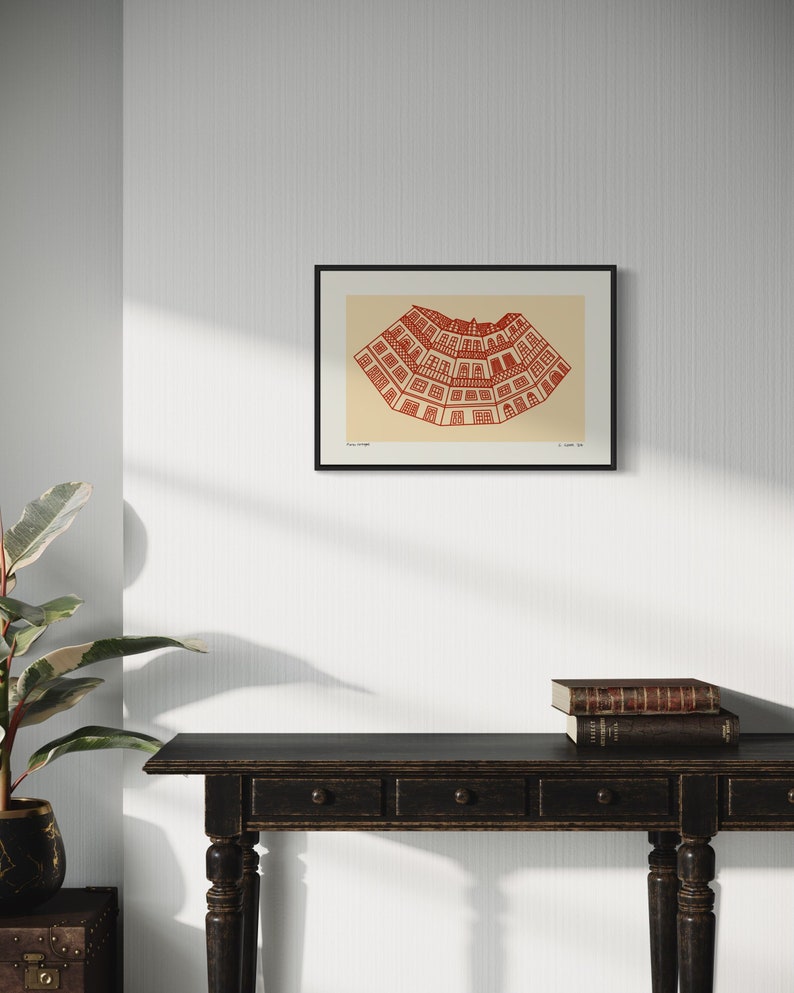 Minimalist digital drawing showcasing classic Portuguese buildings. Clean lines and simple shapes evoke the charm of traditional architecture in Portugal. Immerse yourself in Porto's dreamscape of culture and architecture.