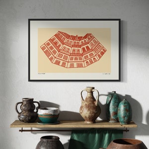 Minimalist digital drawing showcasing classic Portuguese buildings. Clean lines and simple shapes evoke the charm of traditional architecture in Portugal. Immerse yourself in Porto's dreamscape of culture and architecture.