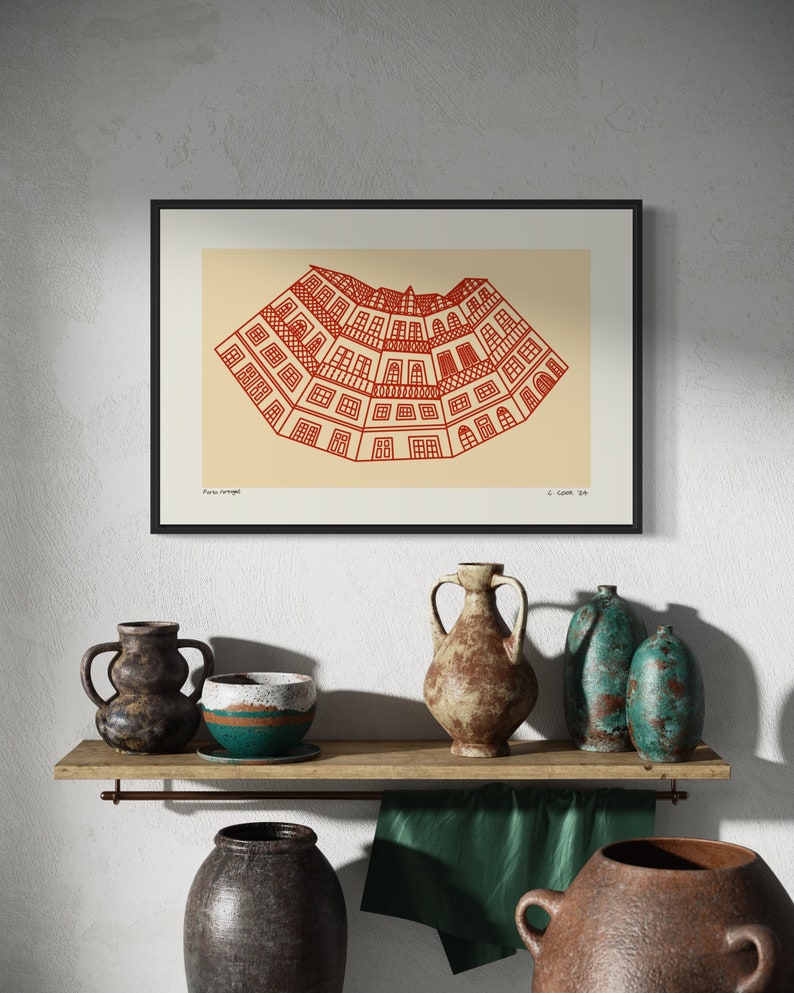 Minimalist digital drawing showcasing classic Portuguese buildings. Clean lines and simple shapes evoke the charm of traditional architecture in Portugal. Immerse yourself in Porto's dreamscape of culture and architecture.