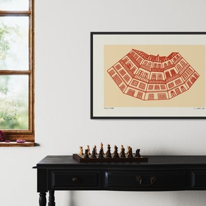 Minimalist digital drawing showcasing classic Portuguese buildings. Clean lines and simple shapes evoke the charm of traditional architecture in Portugal. Immerse yourself in Porto's dreamscape of culture and architecture.