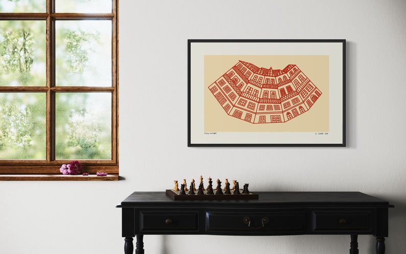 Minimalist digital drawing showcasing classic Portuguese buildings. Clean lines and simple shapes evoke the charm of traditional architecture in Portugal. Immerse yourself in Porto's dreamscape of culture and architecture.