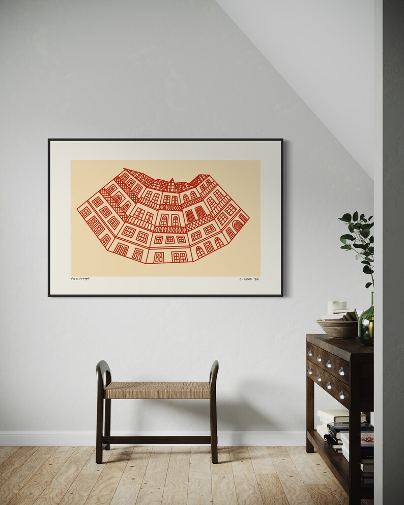 Minimalist digital drawing showcasing classic Portuguese buildings. Clean lines and simple shapes evoke the charm of traditional architecture in Portugal. Immerse yourself in Porto's dreamscape of culture and architecture.