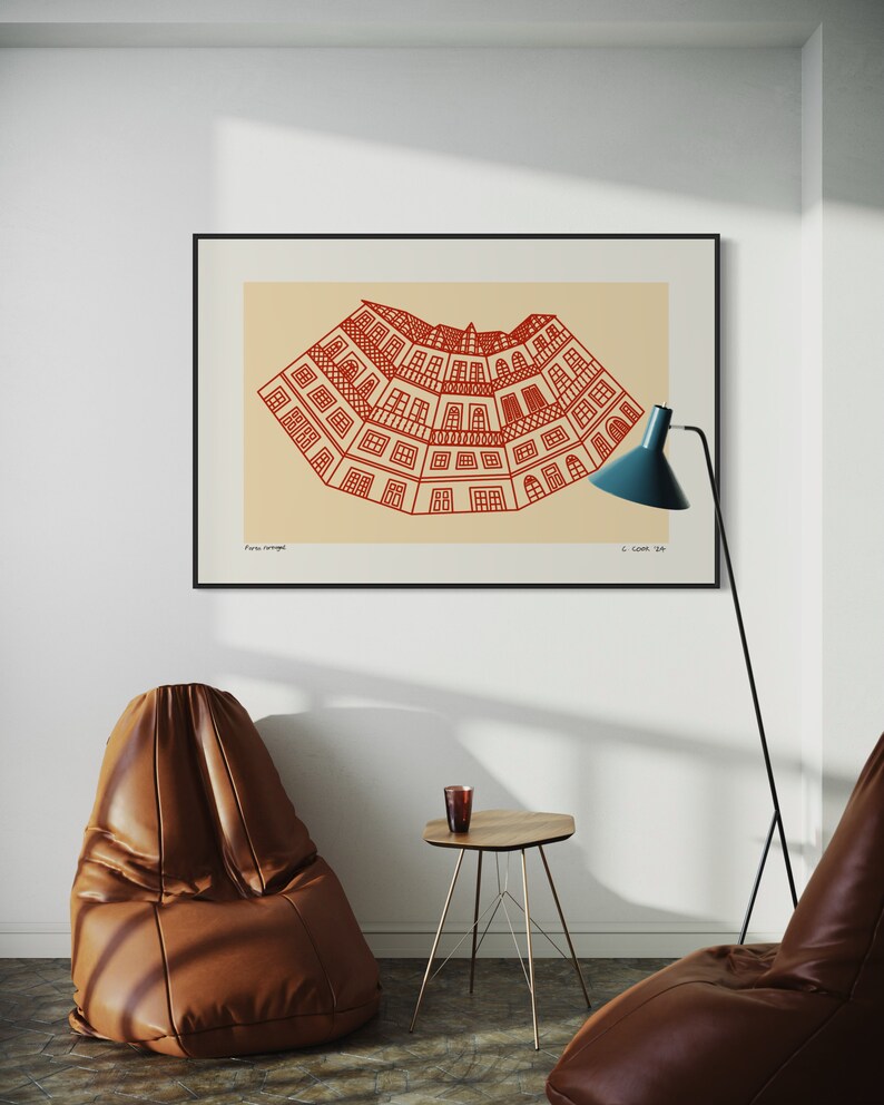 Minimalist digital drawing showcasing classic Portuguese buildings. Clean lines and simple shapes evoke the charm of traditional architecture in Portugal. Immerse yourself in Porto's dreamscape of culture and architecture.