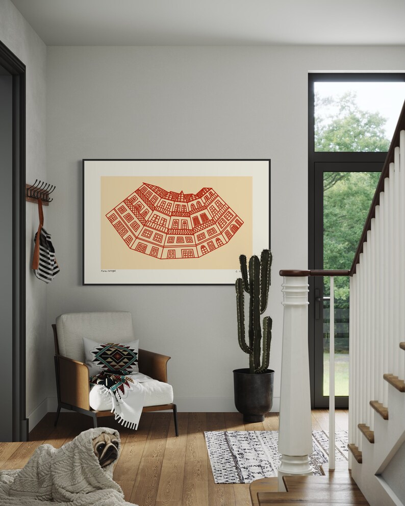 Minimalist digital drawing showcasing classic Portuguese buildings. Clean lines and simple shapes evoke the charm of traditional architecture in Portugal. Immerse yourself in Porto's dreamscape of culture and architecture.