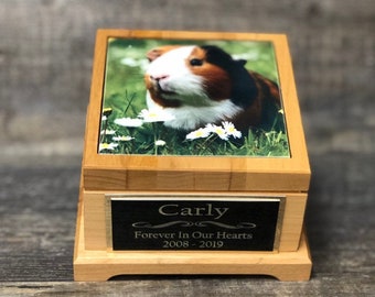 Guinea Pig Urn Small Animal Pet Urn Bunny Rabbit Urn Pet Memorial Keepsake Box Cremation Urn Custom Photo Tile & Engraved Tag To 25lbs