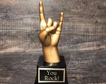 YOU ROCK!  Rock Star Award Rock On Hand Trophy Funny Trophy Achievement Award Top Score Appreciation Award