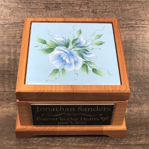 Baby Urn Hand Painted Blue Roses Boy Infant Child Urn For Ashes Baby Cremation Memorial Keepsake Human Personalized Engraved Tag Red Alder