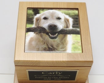 Personalized Dog Urn Pet Memorial Keepsake Cremation Urn Custom Photo Tile & Engraved Plate Red Alder Medium to Large Dog UpTo 60lb