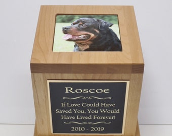 XL Dog Urn Pet Urn Memorial Keepsake Cremation Urn Great Dane  Custom Photo Tile & Personalized Tag Red Alder Wood XL Extra Large 150 lb