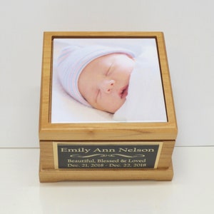 Custom Baby Urn For Ashes Infant Child Urn Cremation Memorial Human Tile Photo & Personalized Engraved Tag Memorial Keepsake Red Alder 25 lb