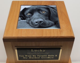 Dog Urn ** NOT PERFECT ** Pet Urn Pet Memorial Keepsake Cremation Urn  Custom Photo Tile & Personalized Tag Red Alder Large Dog Up To 100lb