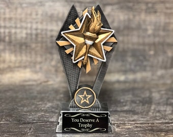 May include: A silver and gold trophy with a star and a torch design. The base of the trophy has a black plaque with the text "You Deserve A Trophy".