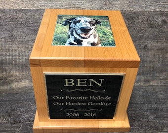XL Dog Urn Pet Urn Memorial Keepsake Cremation Urn Great Dane Custom Photo Tile & Personalized Tag Red Alder Wood XL Extra Large 150 lb