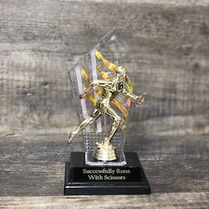 May include: A gold-colored trophy featuring a running figure holding scissors, set against a clear, patterned backdrop with gold and orange accents. The trophy sits on a black base with the inscription "Successfully Runs With Scissors."
