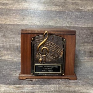 Music Lover MAHOGANY Urn Memorial Urn Funeral Cremation Urn Music Notes Adult Wood Urn With Personalization Upto 325 lb