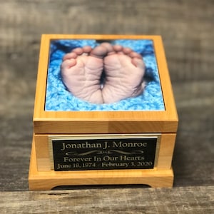Baby Urn For Ashes Infant Child Urn Baby Cremation Memorial Human Tile Photo & Personalized Engraved Tag Memorial Keepsake Red Alder 25 lbs