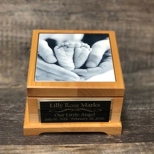 Baby Urn For Ashes Infant Child Loss Urn Baby Cremation Memorial Human Tile Photo & Personalized Engraved Tag Memorial Keepsake Red Alder