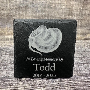 Peut inclure: Pierre commémorative en ardoise noire avec une image gravée en blanc d'un serpent enroulé. Le texte "In Loving Memory Of Todd 2017 - 2025" est gravé sous le serpent.