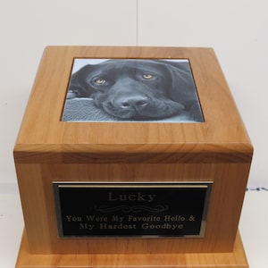 Peut inclure: Urne fun&eacute;raire en bois avec une photo en noir et blanc d'un chien sur le dessus. L'urne a une plaque argent&eacute;e avec le texte "Lucky You Were My Favorite Hello & My Hardest Goodbye".