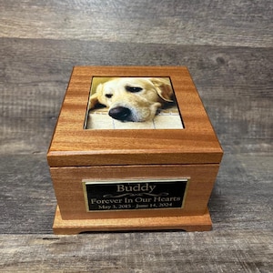 Pet Urn Dog Urn MAHOGANY Memorial Keepsake Cremation Urn Custom Photo Tile & Personalized Boxer Lab German Sheppard Large Dog Up To 90lb