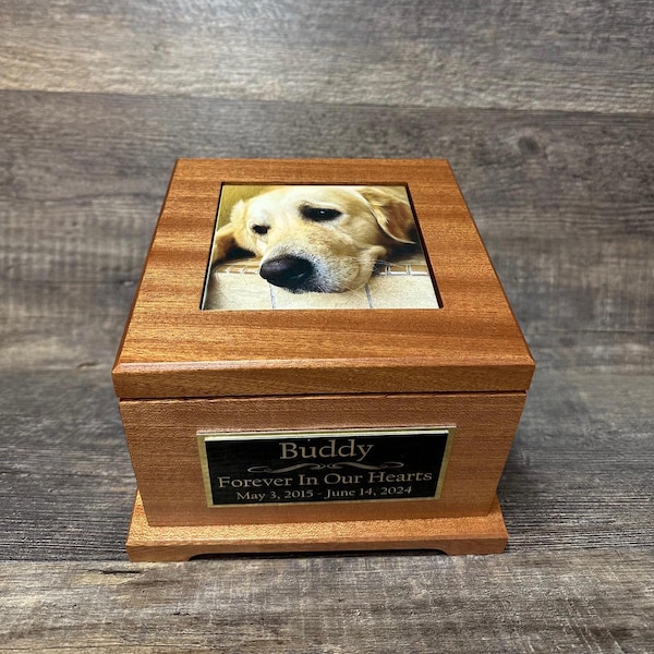 Pet Urn Dog Urn MAHOGANY Memorial Keepsake Cremation Urn Custom Photo Tile & Personalized Boxer Lab German Sheppard Large Dog Up To 90lb