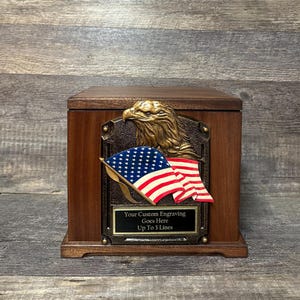 Military Veteran MAHOGANY Urn Memorial Urn Funeral Cremation Urn Patriotic US Flag and Eagle Adult Wood Urn With Personalization Upto 325 lb
