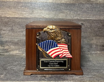Military Veteran MAHOGANY Urn Memorial Urn Funeral Cremation Urn Patriotic US Flag and Eagle Adult Wood Urn With Personalization Upto 325 lb