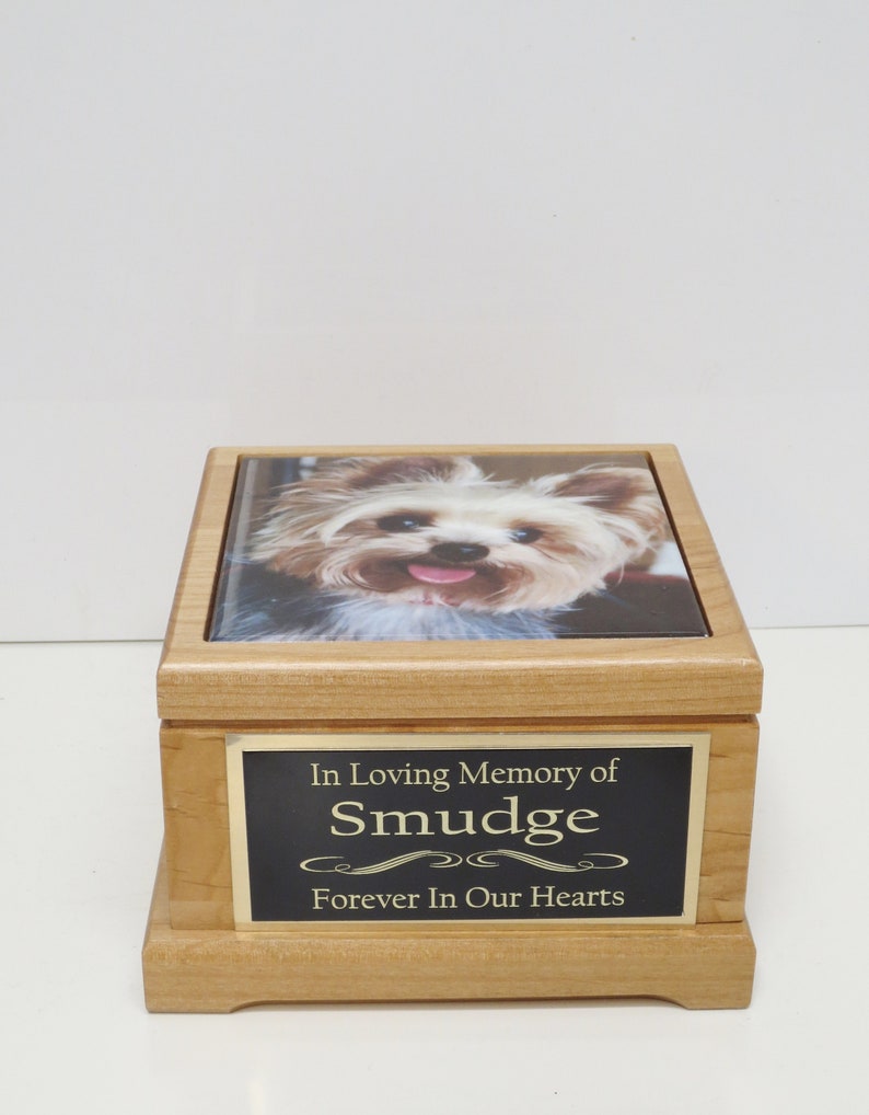 Puede incluir: Una urna de madera para mascotas con una foto de un Yorkshire Terrier en la parte superior. La urna tiene una placa de lat&oacute;n que dice "In Loving Memory of Smudge Forever In Our Hearts".