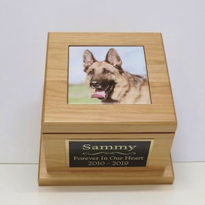 Dog Urn With Photo Pet Memorial Keepsake Cremation Urn Custom Photo Tile & Personalized Tag Red Alder Wood Urn Large Dog Urn to 100lb