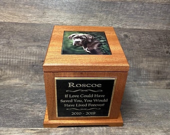 XL Dog Urn Pet Urn Mahogany Memorial Keepsake Cremation Urn Great Dane  Custom Photo Tile & Personalized Tag XL Extra Large 150 lb