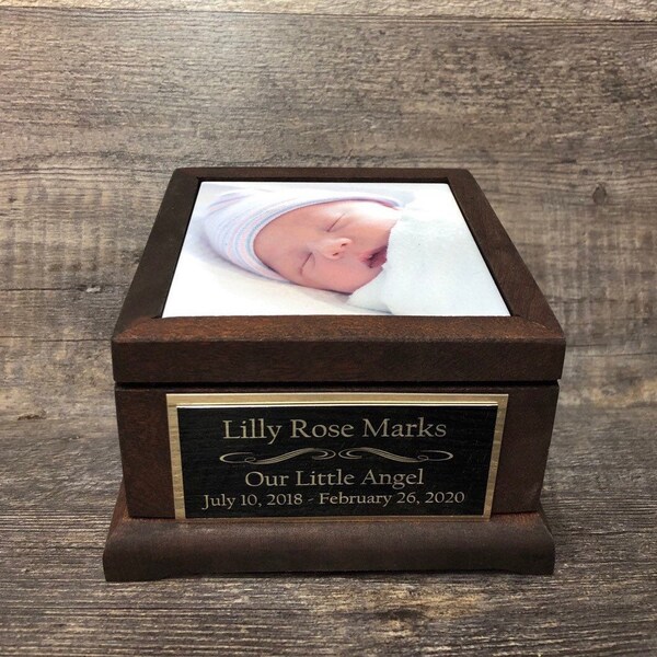 Baby Urn For Ashes Infant Child Loss MAHOGANY Stillborn Urn Baby Cremation Memorial Human Photo & Engraved Plate Memorial Keepsake