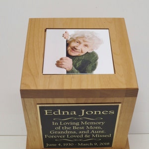 Cremation Urn Funeral Memorial Human Custom Tile Photo & Personalized Engraved Brass Tag Memorial Keepsake Red Alder Human Holds Upto 150 lb