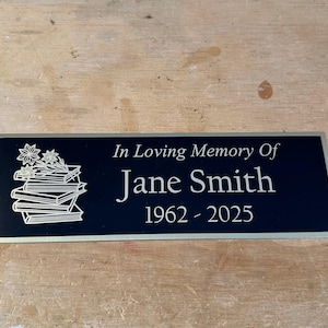 BRASS Book Reading Nook Plaque Bench Plate Custom Engraved Book Stack Memorial In Loving Memory Of Plaque Name Plate Engraved Plate