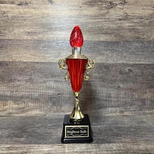 May include: A gold trophy with a red light bulb on top. The base of the trophy is black and has the words "Brightest Bulb" inscribed on it.
