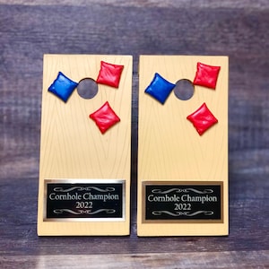 Two Cornhole Trophies Corn Hole Champions Personalized Trophy Bean Bag Toss Funny Trophy Gag Gift Summertime Family Game Camping Trip Trophy