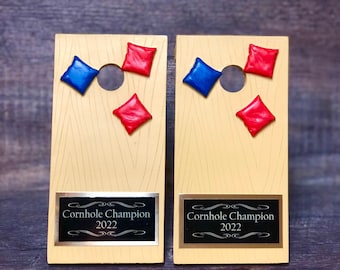 Two Cornhole Trophies Corn Hole Champions Personalized Trophy Bean Bag Toss Funny Trophy Gag Gift Summertime Family Game Camping Trip Trophy