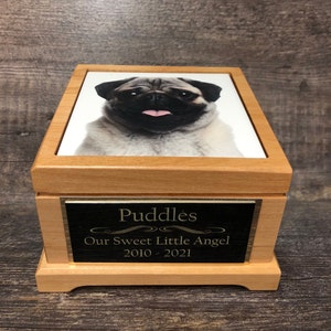 Pet Urn Dog Urn Pet Memorial Keepsake Box Pug / Yorkie Cremation Urn Custom Photo Tile & Tag Red Alder Small Dog / Animal Urn Up To 25lbs