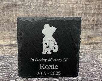 Yorkie Memorial Stone – Custom Engraved Pet Loss Slate Plaque | Dog Grave Marker with Wildflowers | Remembrance Gift | 4"x4"