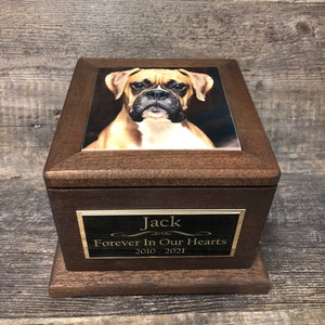 Pet Urn Dog Urn MAHOGANY Memorial Keepsake Cremation Urn Custom Photo Tile & Personalized Boxer Lab German Sheppard Large Dog Up To 90lb