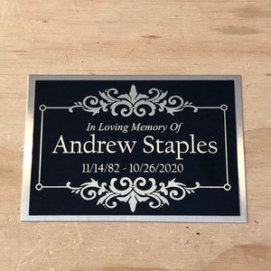Custom Engraved Name Plate Cremation Urn ORNATE FRAME Memorial Urn Tag Plaque In Loving Memory of Black/Gold Back Engraved Urn Name Plate