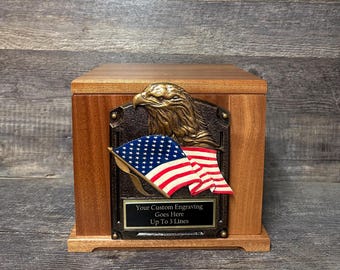 Military Veteran MAHOGANY Urn Memorial Urn Funeral Cremation Urn Patriotic US Flag and Eagle Adult Wood Urn With Personalization Upto 325 lb