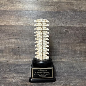 May include: A black and gold trophy with a white plastic spine on top. The trophy reads "Halloween Costume Contest Winner".